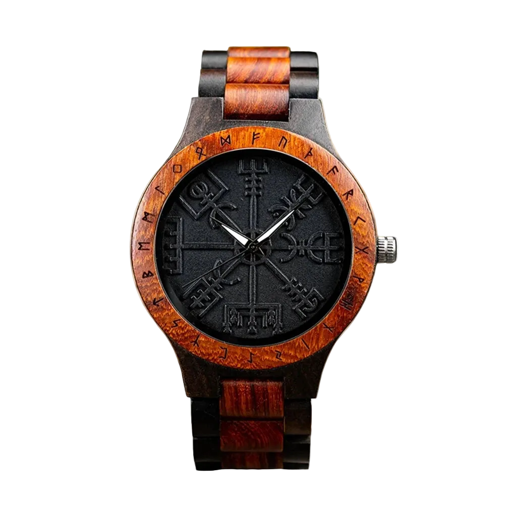 Wooden watch with black face and symbol on a white background