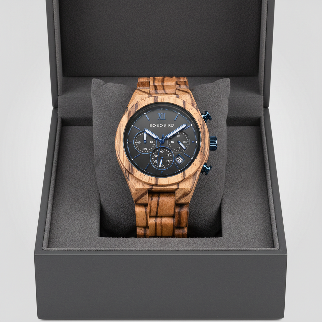 Wooden watch with black face in a gray box on a light gray background