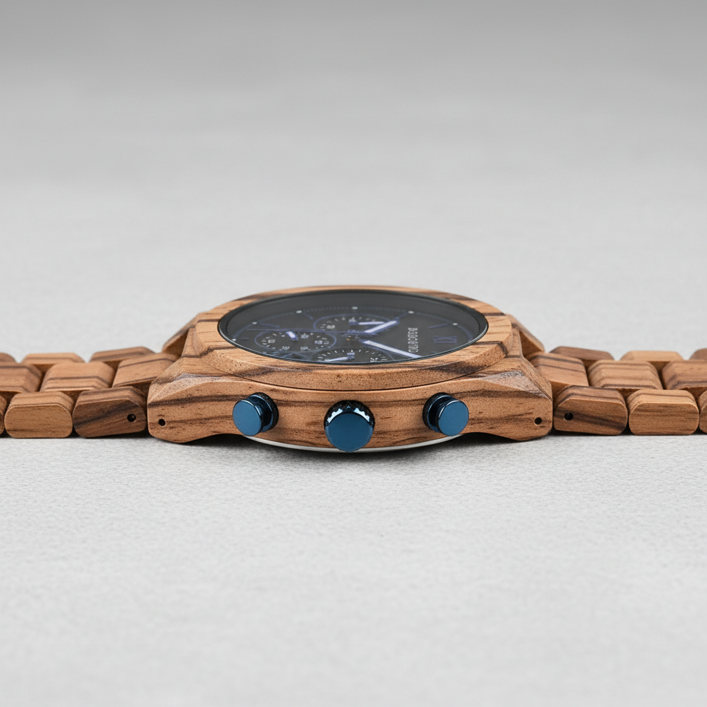 Wooden watch with blue accents on a light gray background