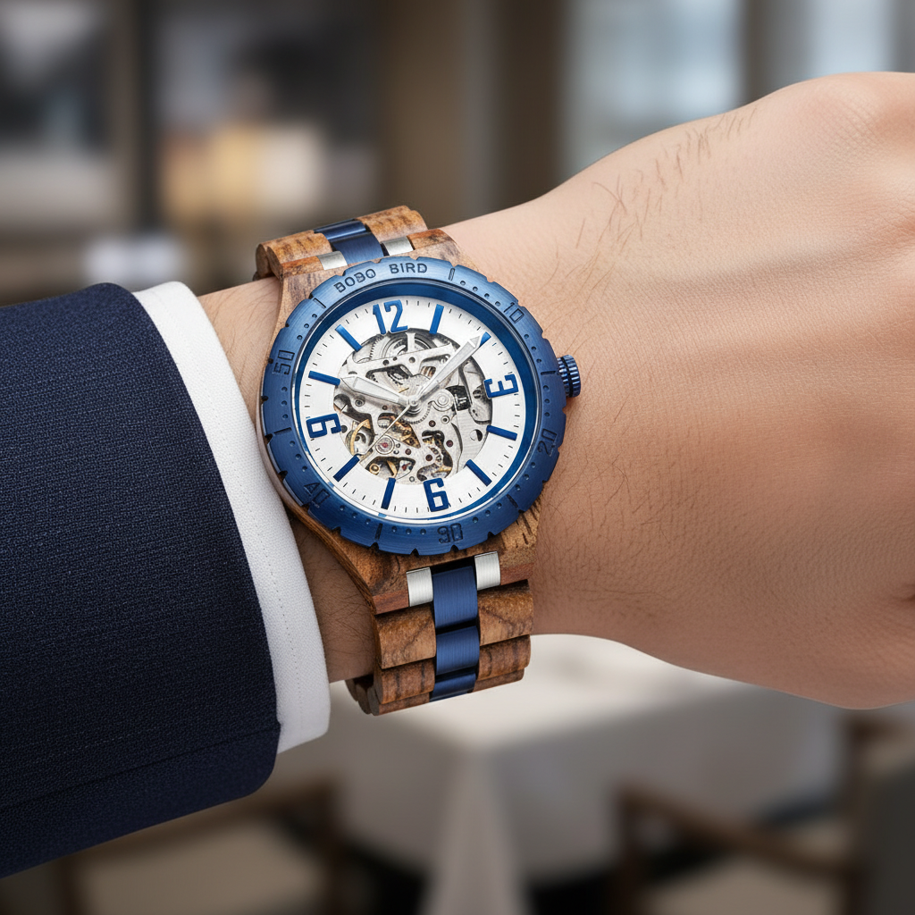 BOBO BIRD GQ029-3 - Men's - blue wood on wrist