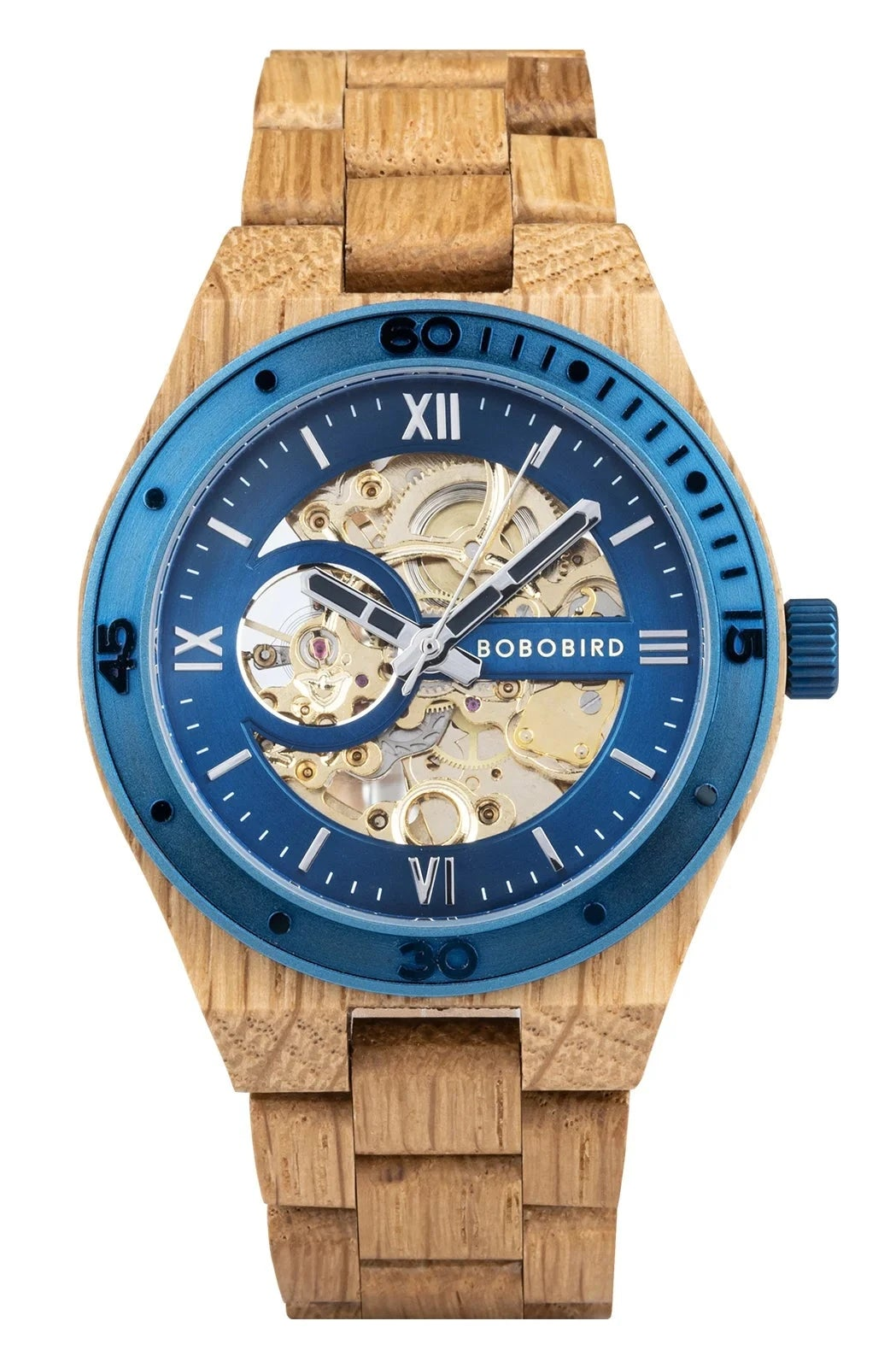Wooden watch with blue face and visible mechanical components on a white background, featuring the Bobo Bird brand.