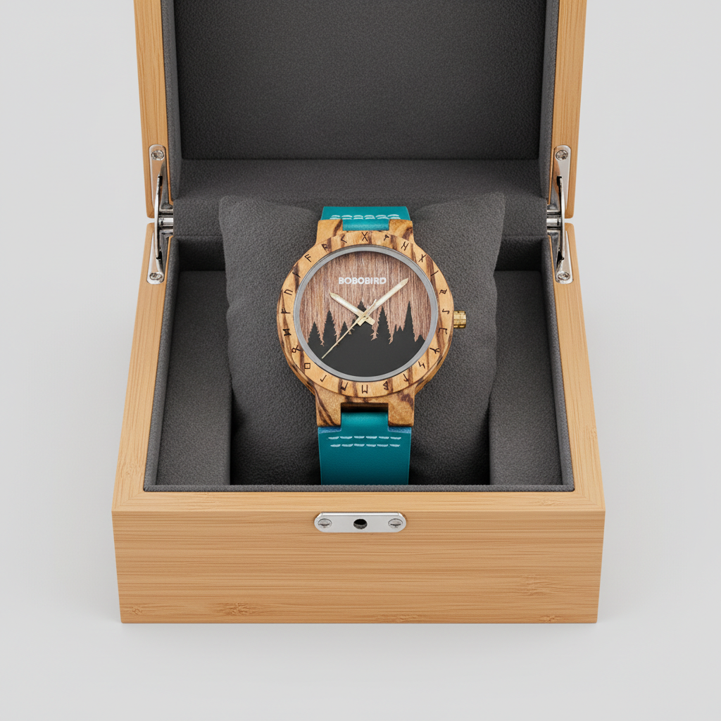 Wooden watch with blue strap in a wooden box on a light gray background