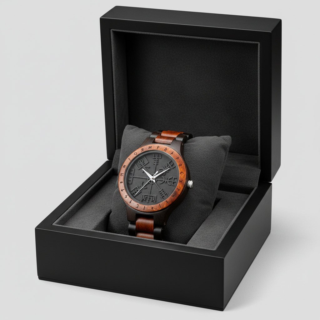 Wooden watch with brown strap in a black box on a light gray background
