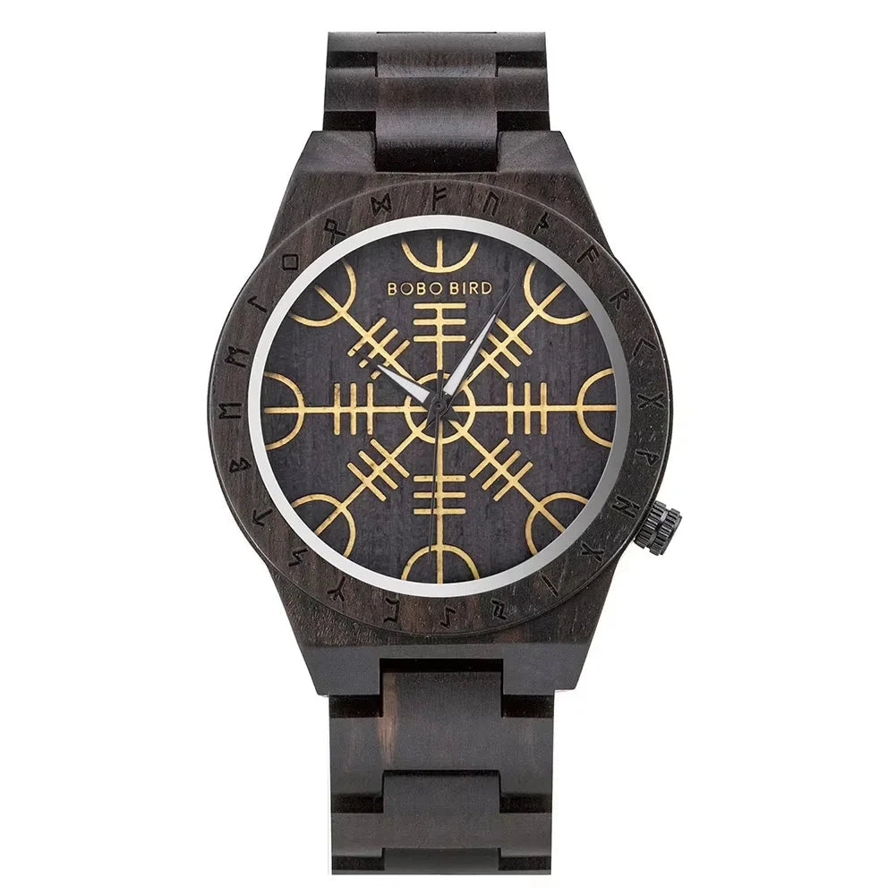 Wooden watch with gold symbols on a white background