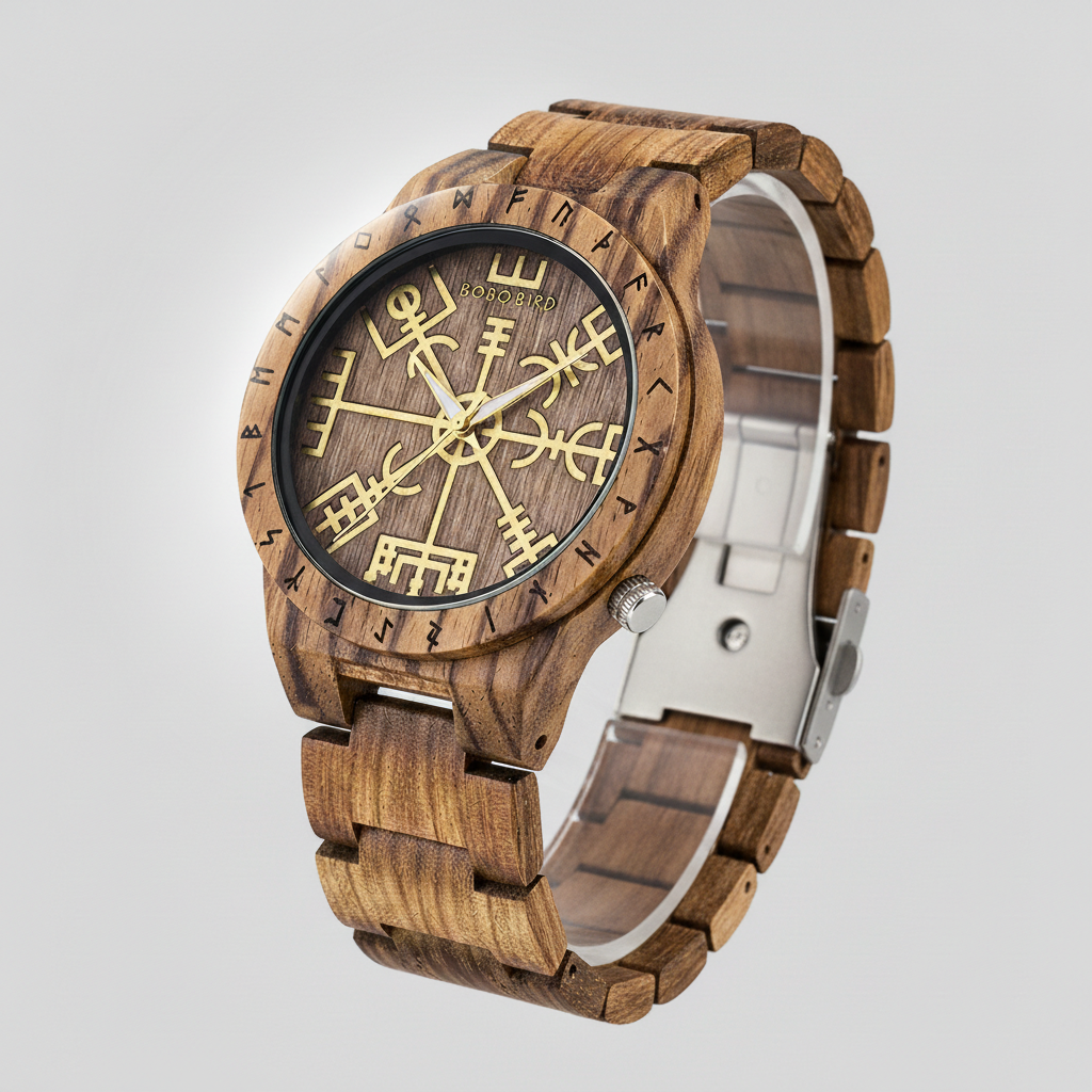 Wooden watch with intricate design on a gray background