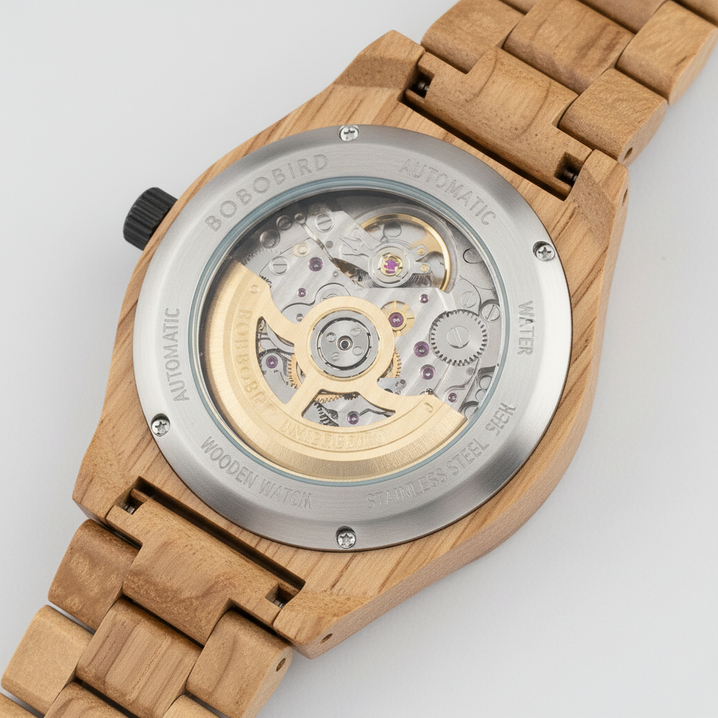 Wooden watch with mechanical components on a white background