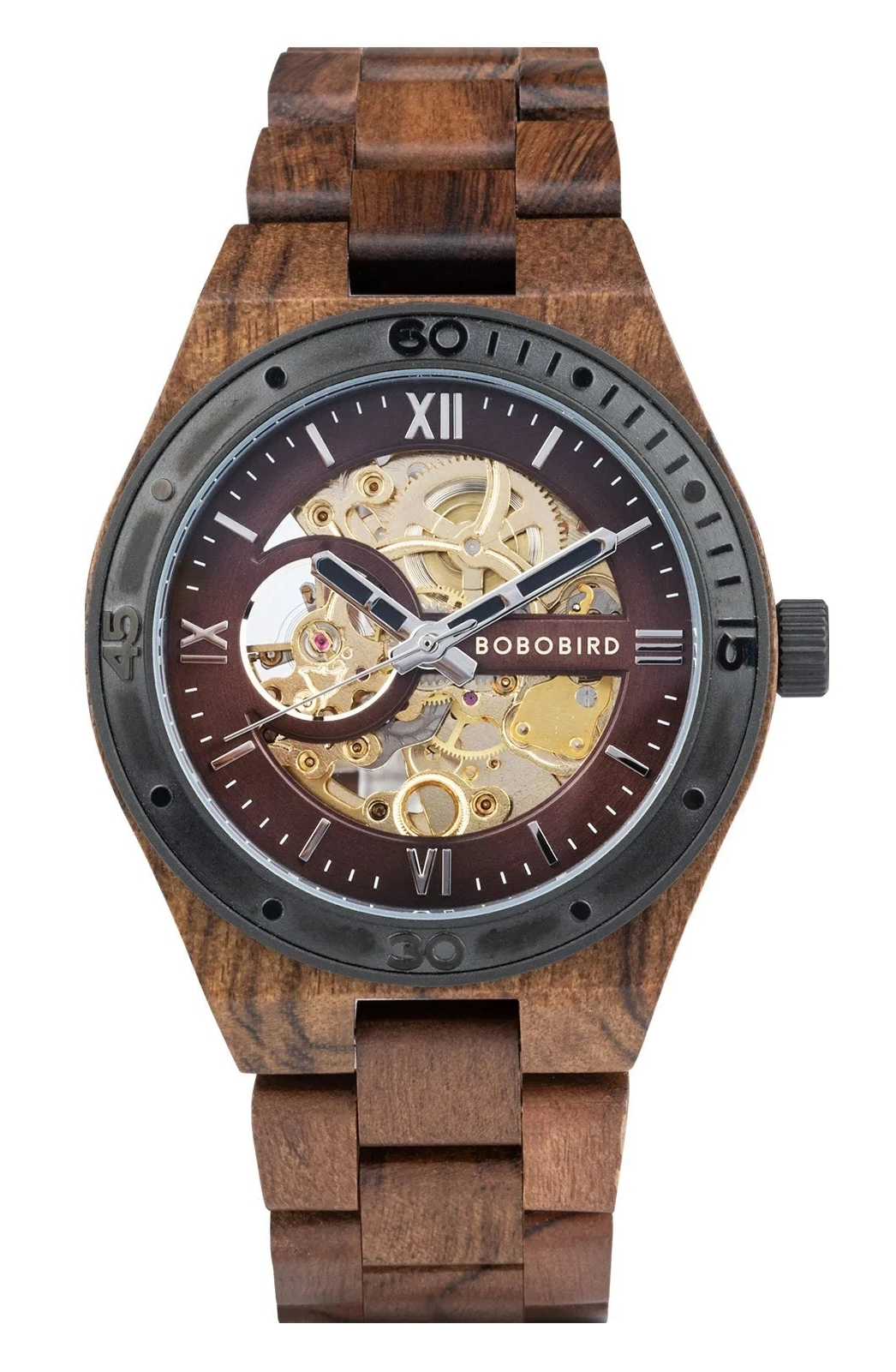 Wooden watch with mechanical movement on a white background, featuring the Bobo Bird brand.