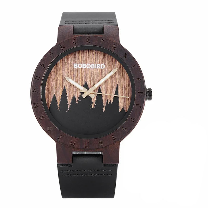 Wooden watch with nature design and black strap on white background