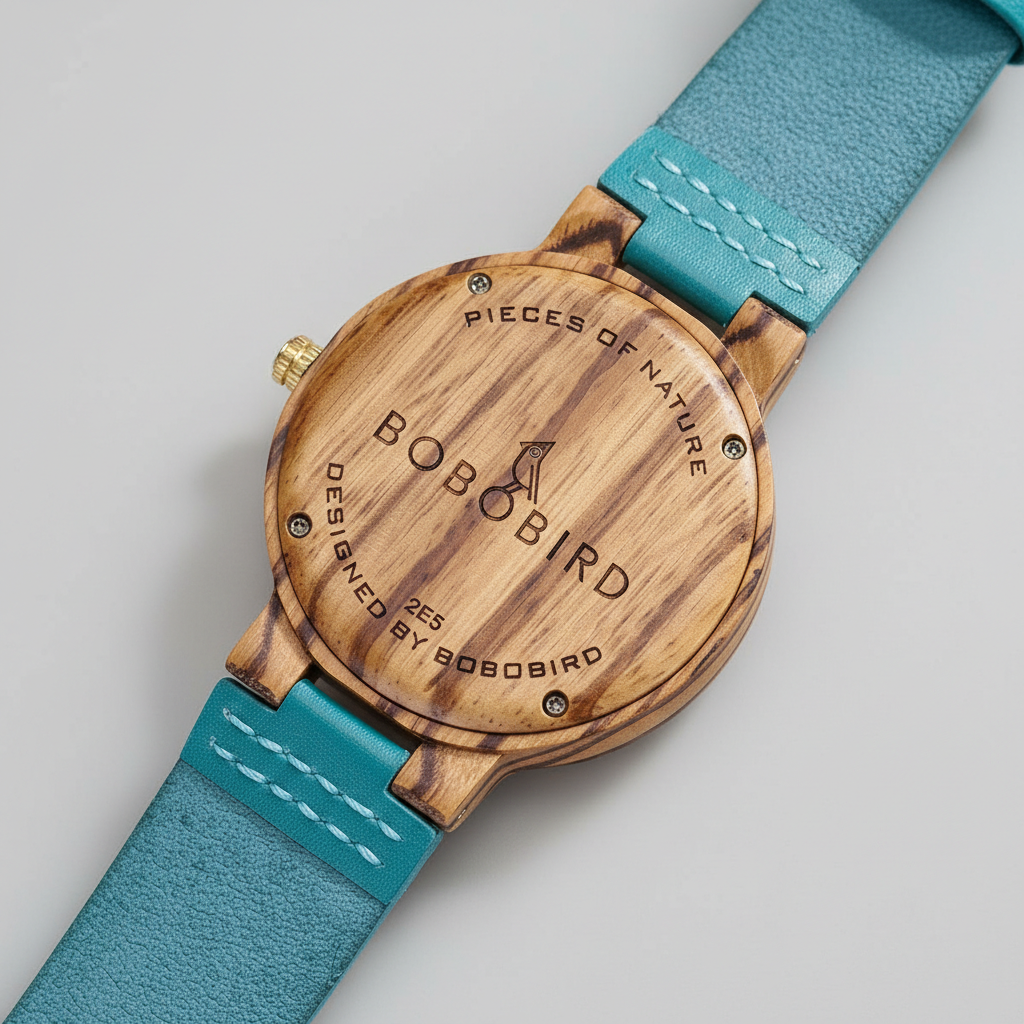 Wooden watch with turquoise strap on a light gray background