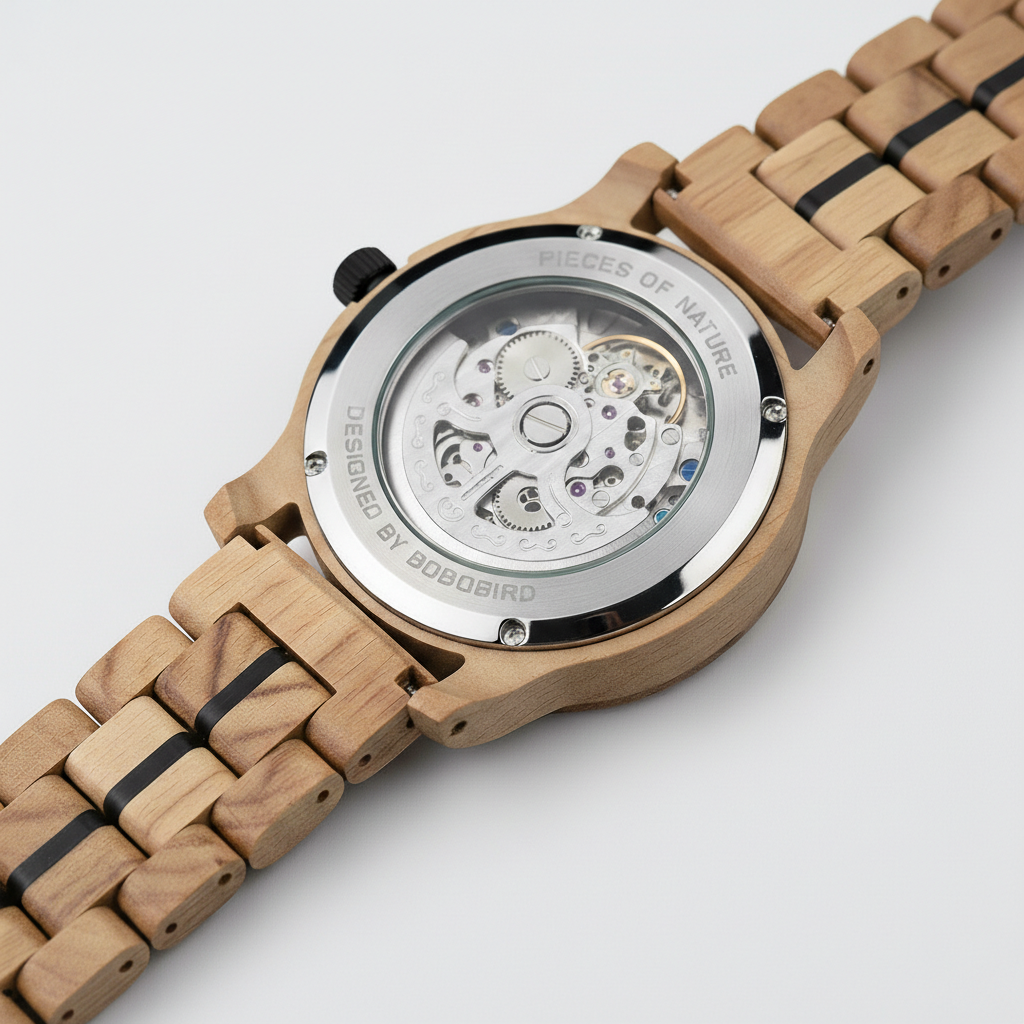 Wooden watch with visible mechanical components on a light gray background