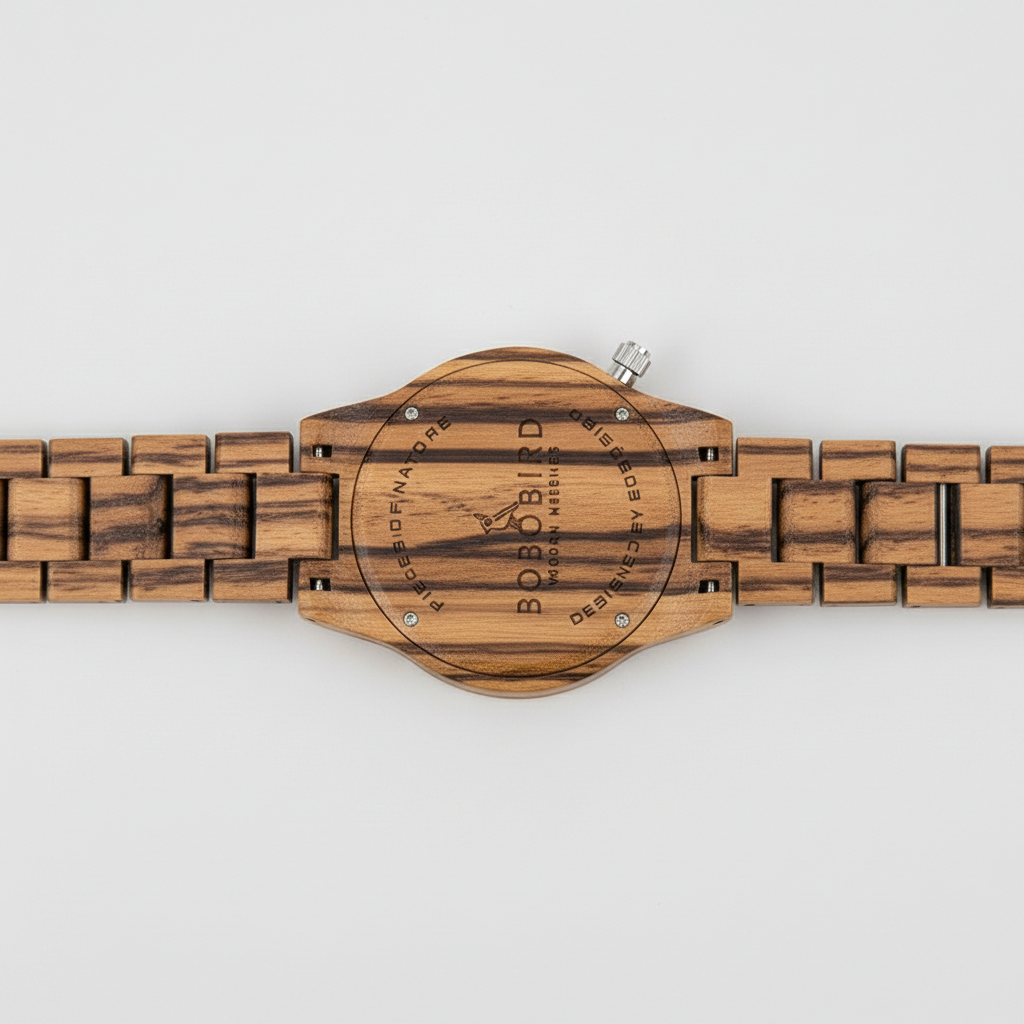 Wooden watch with zebrawood pattern on a white background