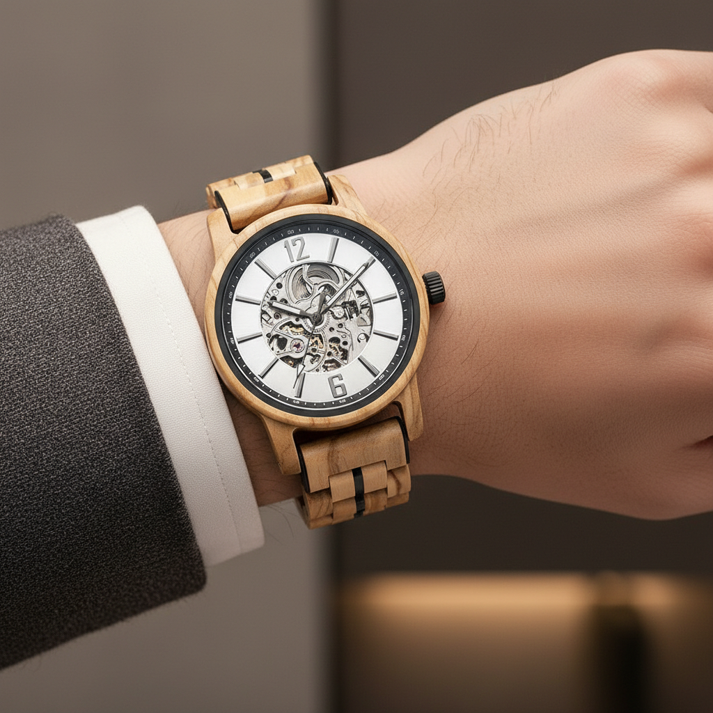 Wooden wristwatch on a person's wrist with a blurred background