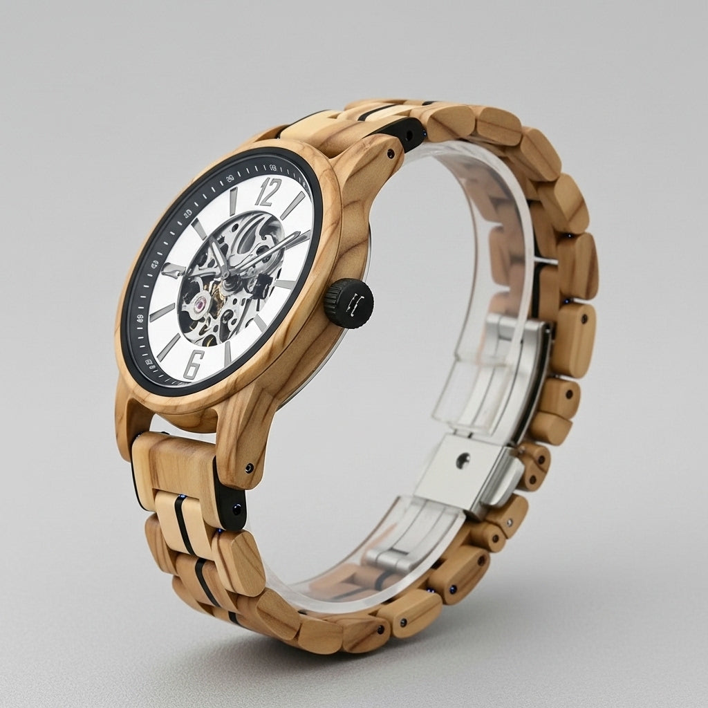 Wooden wristwatch with a clear face on a gray background