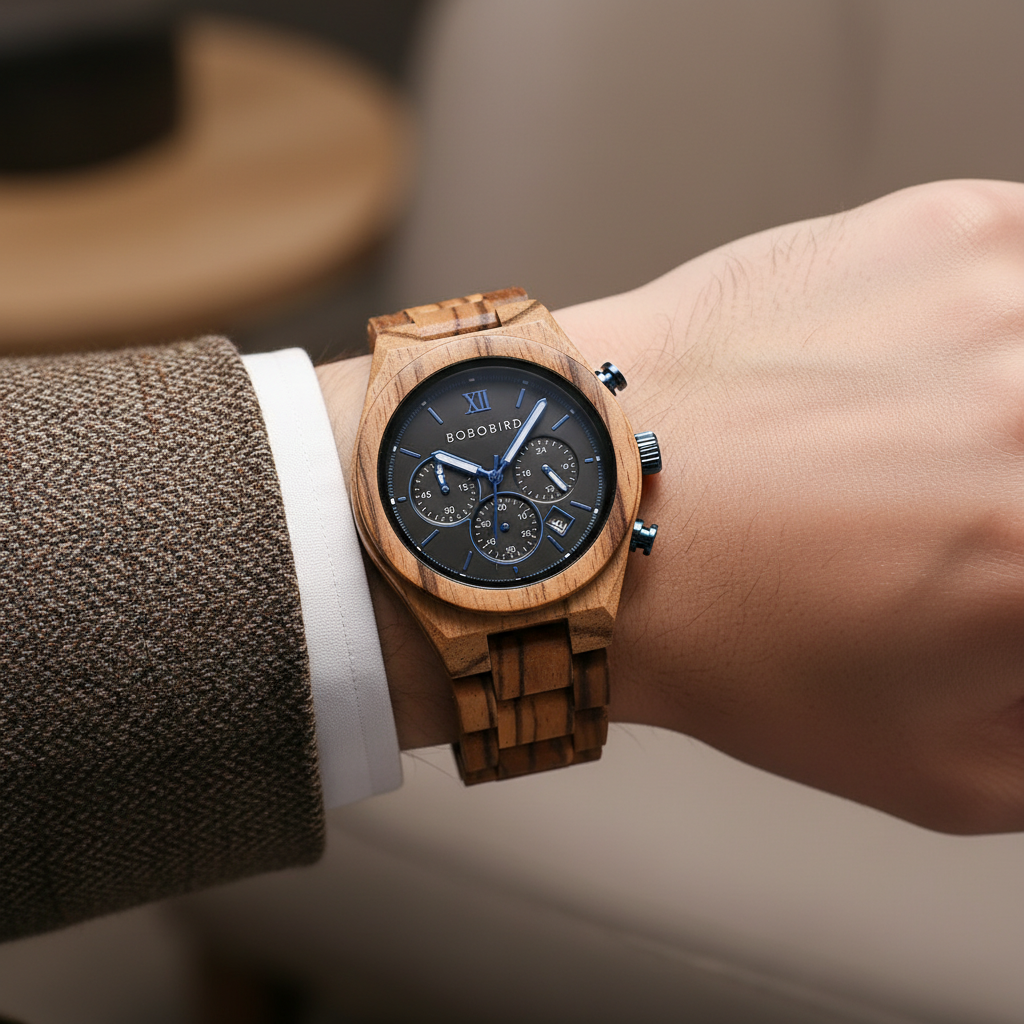 Wooden wristwatch with a detailed face on a wrist, brand 'BOBO BIRD' visible