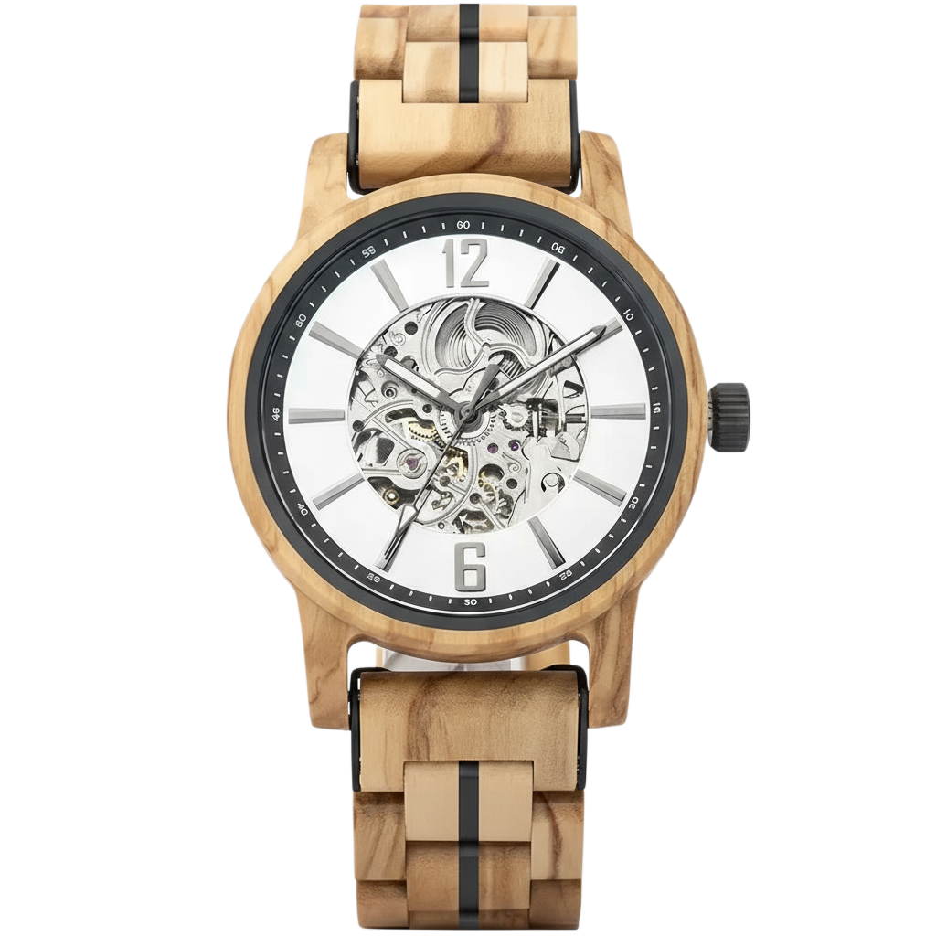 Wooden wristwatch with a mechanical face on a white background