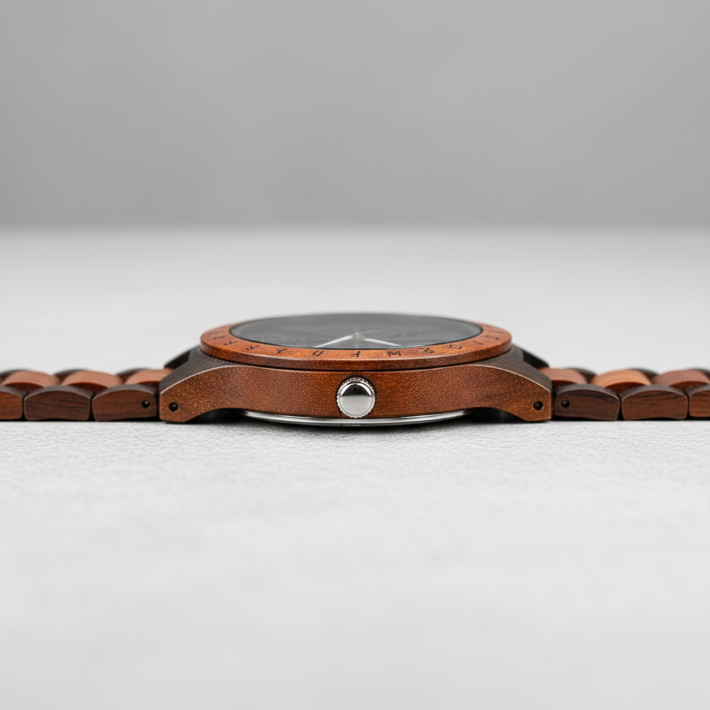 Wooden wristwatch with a silver accent on a light gray background