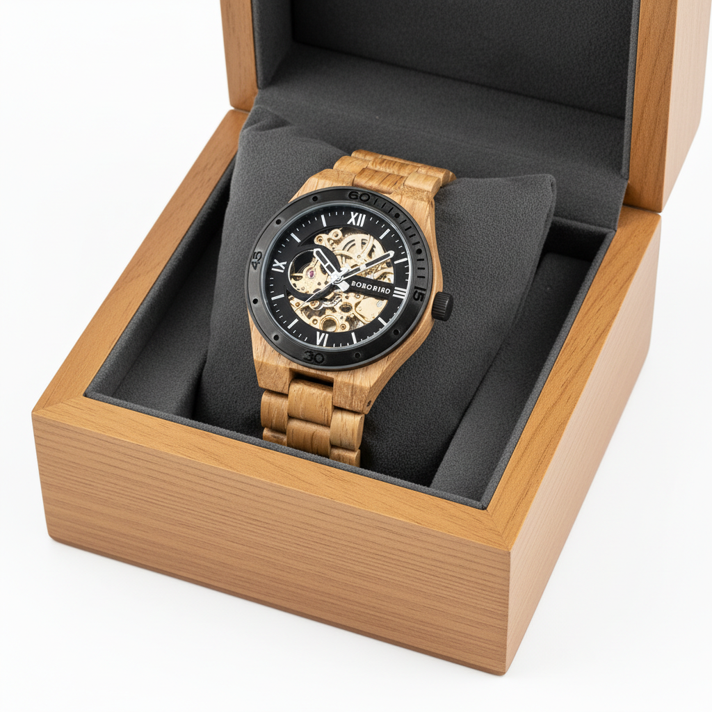 Wooden wristwatch with black dial in a wooden box on a white background