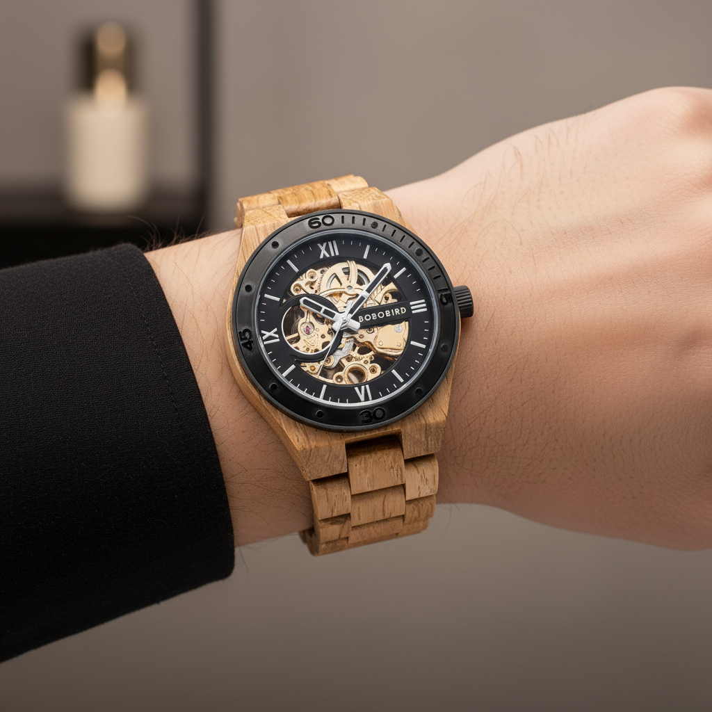 Wooden wristwatch with black dial on a wrist against a neutral background