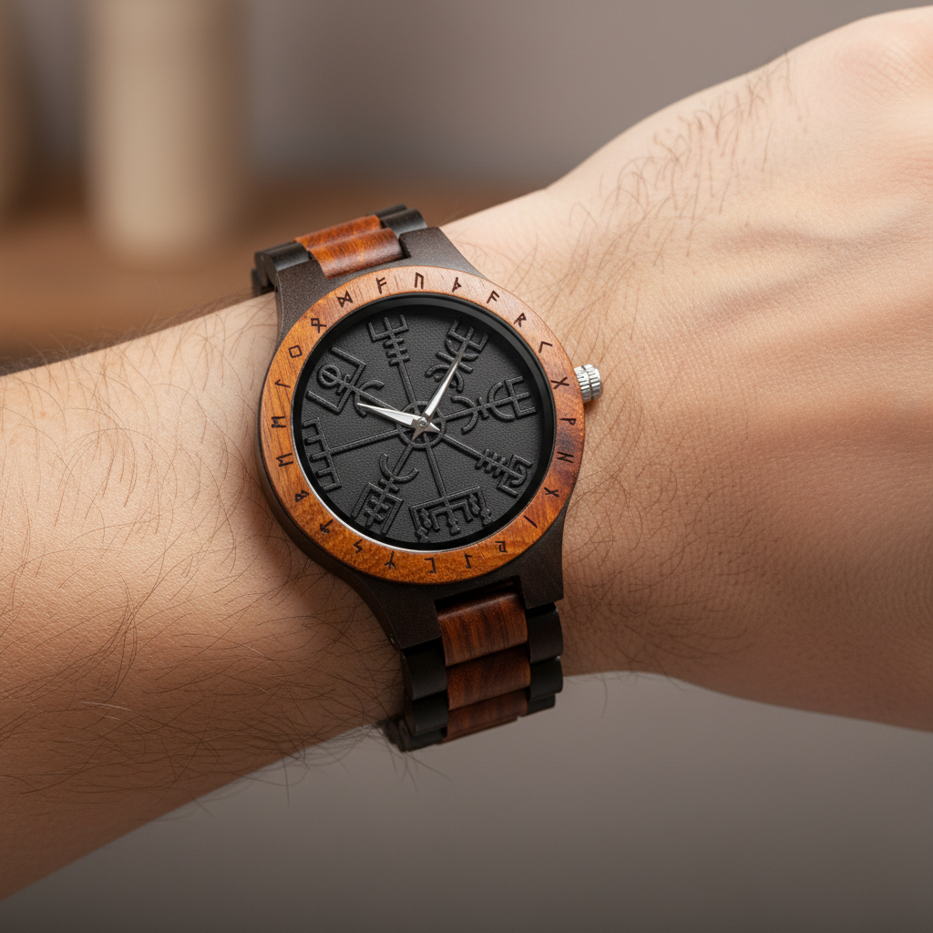 Wooden wristwatch with black face on a wrist against a neutral background