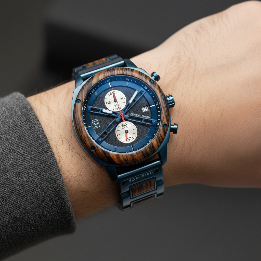 Wrist wearing a wooden watch with blue accents on a dark background