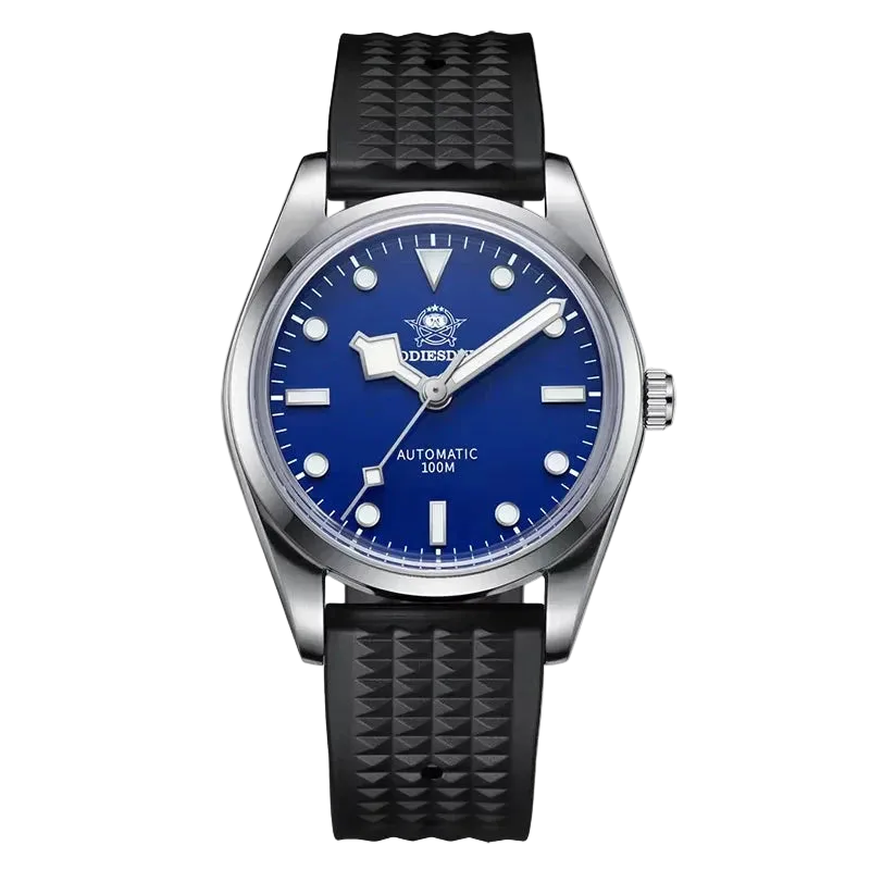 Wristwatch with blue dial and black strap on a white background