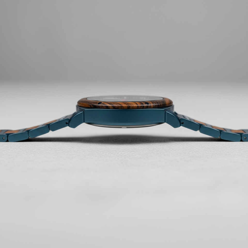 Wristwatch with blue metal strap and wooden face on a gray background