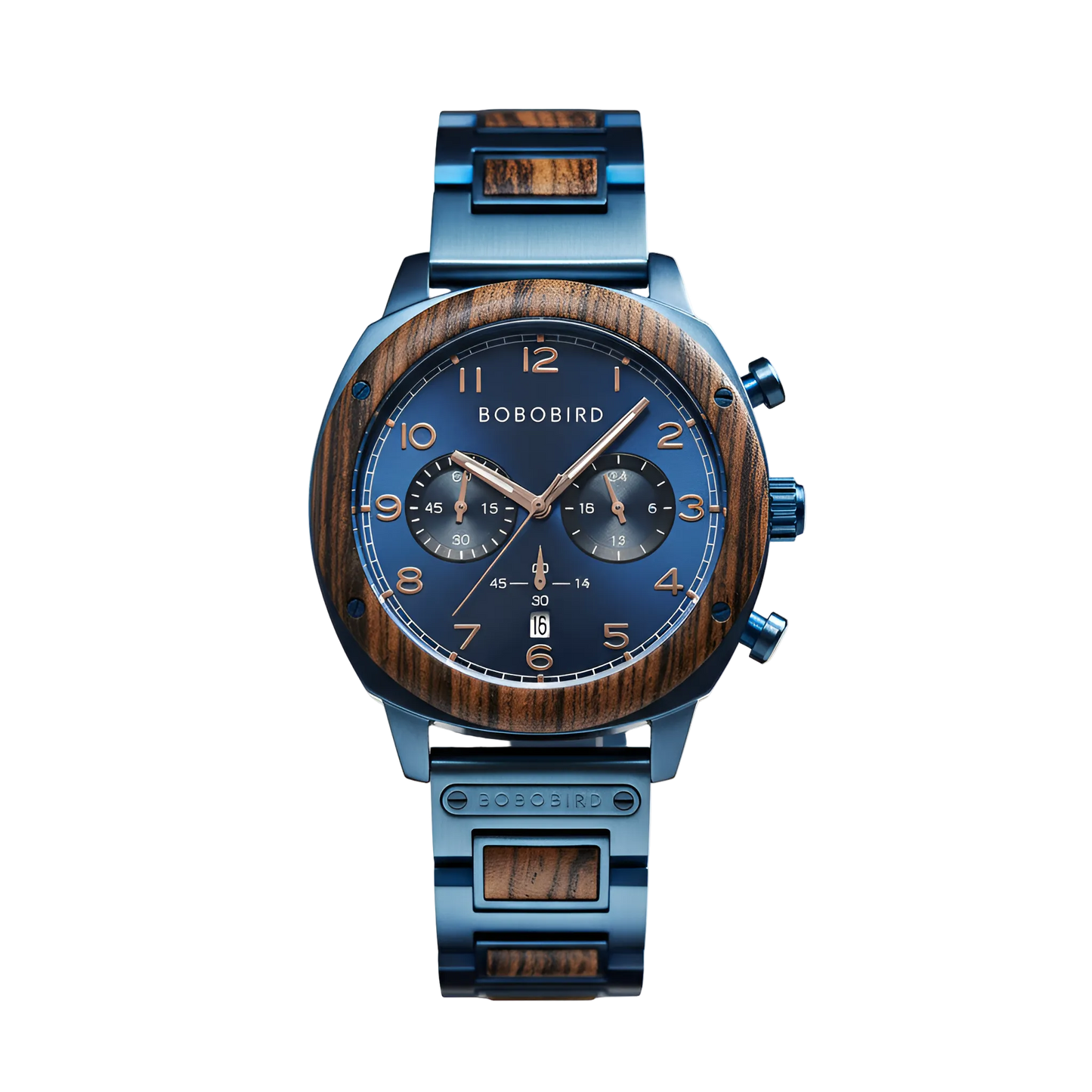 BOBO BIRD GT149-2A - Exotic wooden quartz chronograph watch with blue amber dial Snakewood bezel and luxury men’s steel bracelet