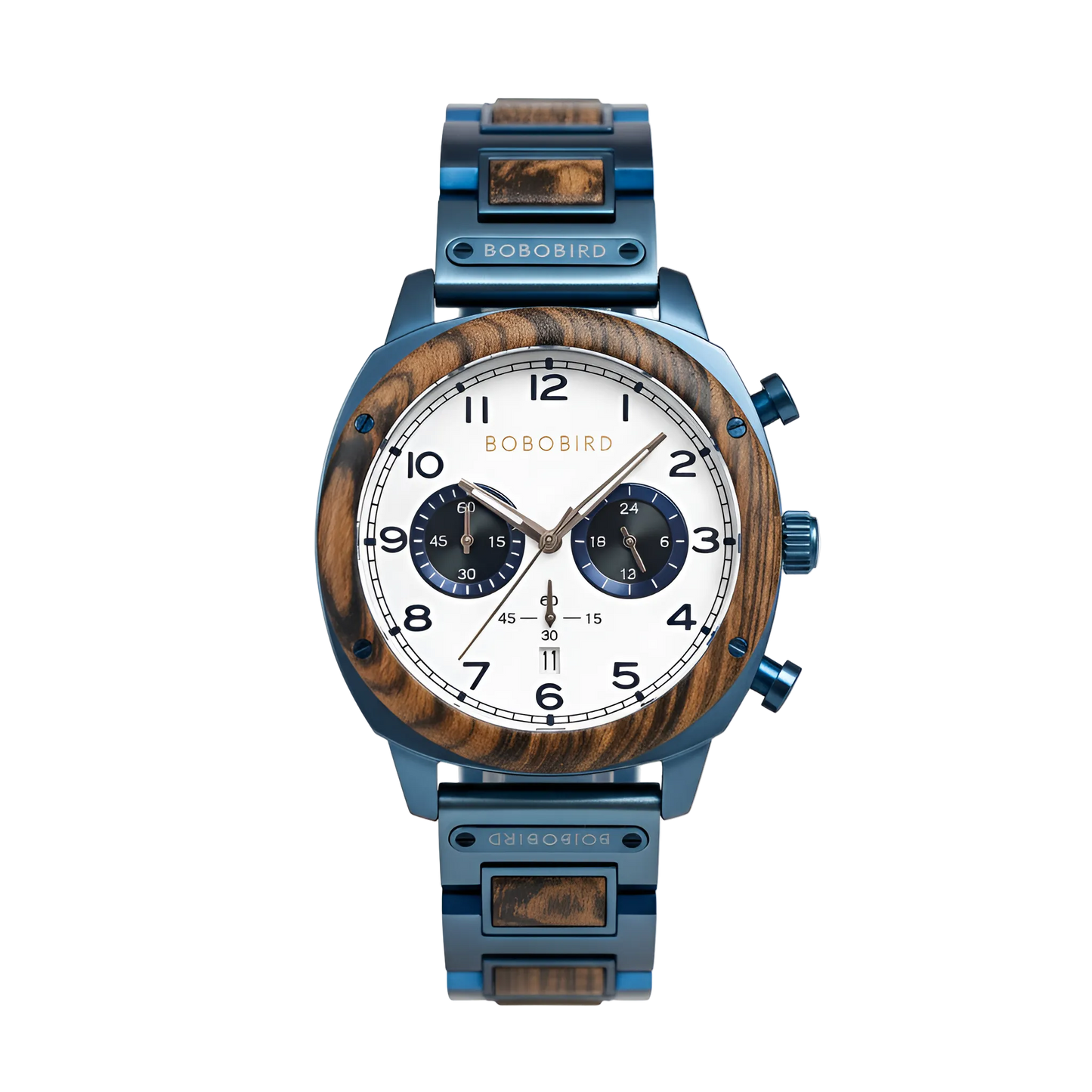 BOBO BIRD GT149-2A - Luxury wooden quartz chronograph watch with icy bluewood case white dial and Chacate Preto wood bezel for men