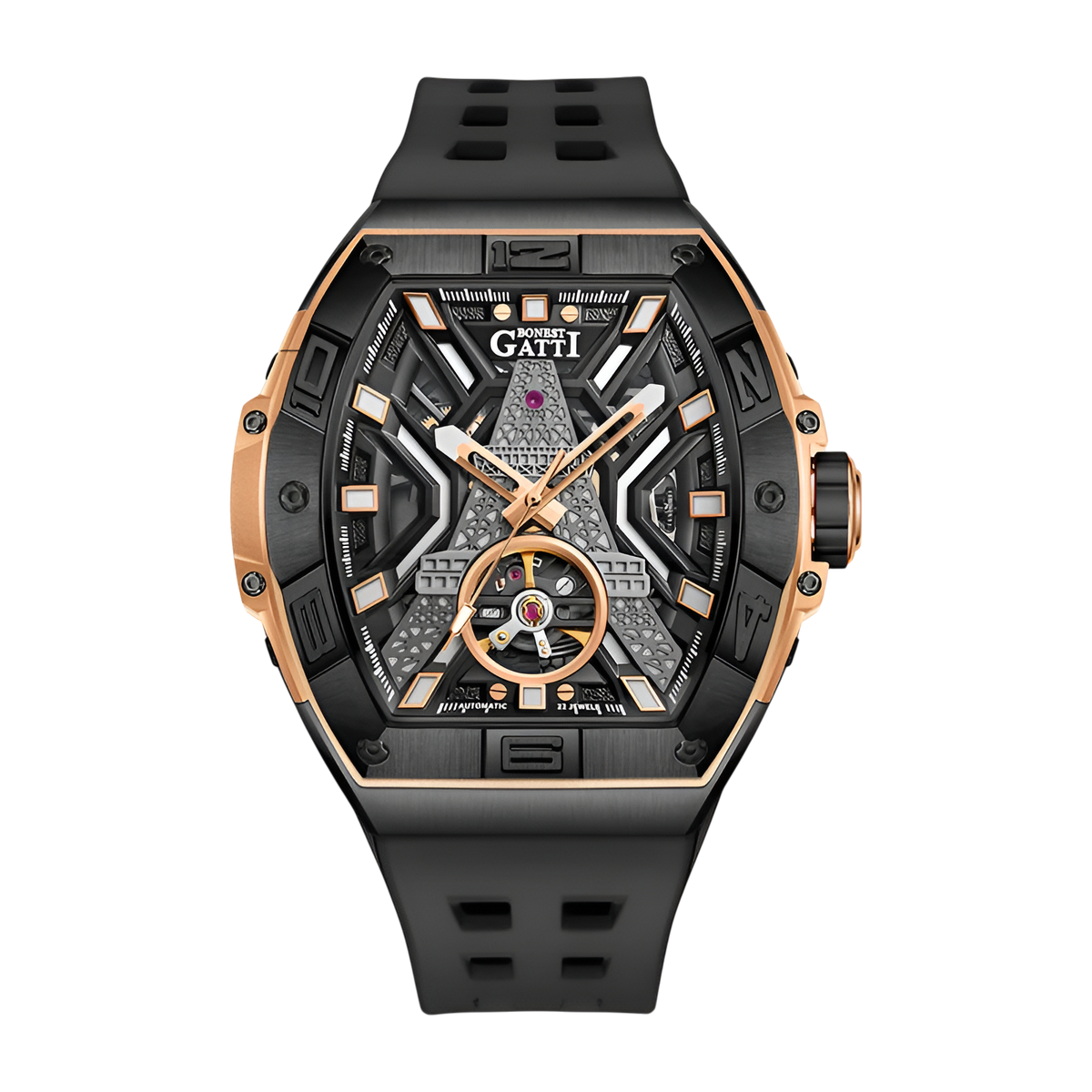 BONEST GATTI BG5001 automatic skeleton watch for men with black case, rose gold accents and tonneau open worked dial