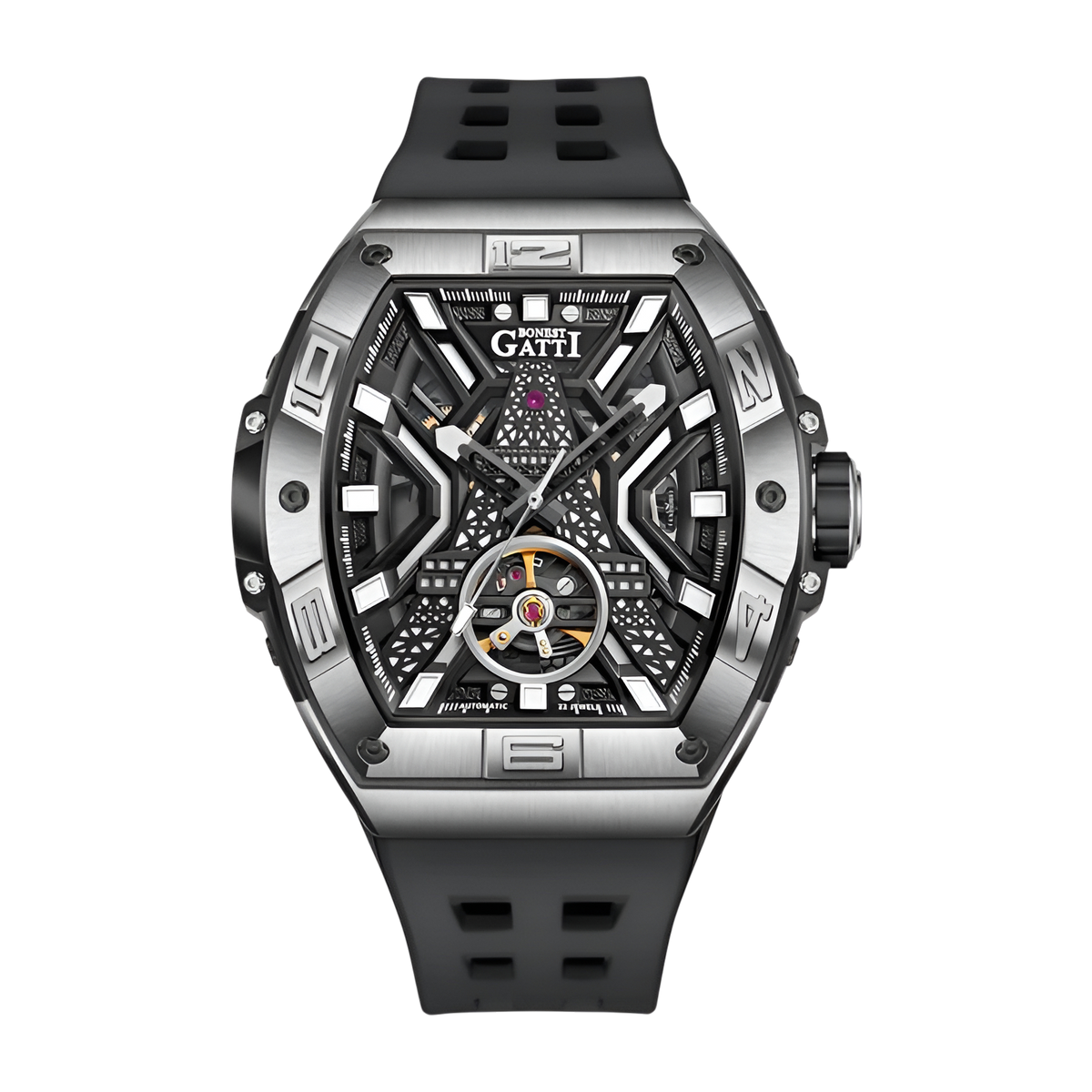 BONEST GATTI BG5001 automatic skeleton watch for men featuring brushed steel case, black dial structure and visible mechanical movement