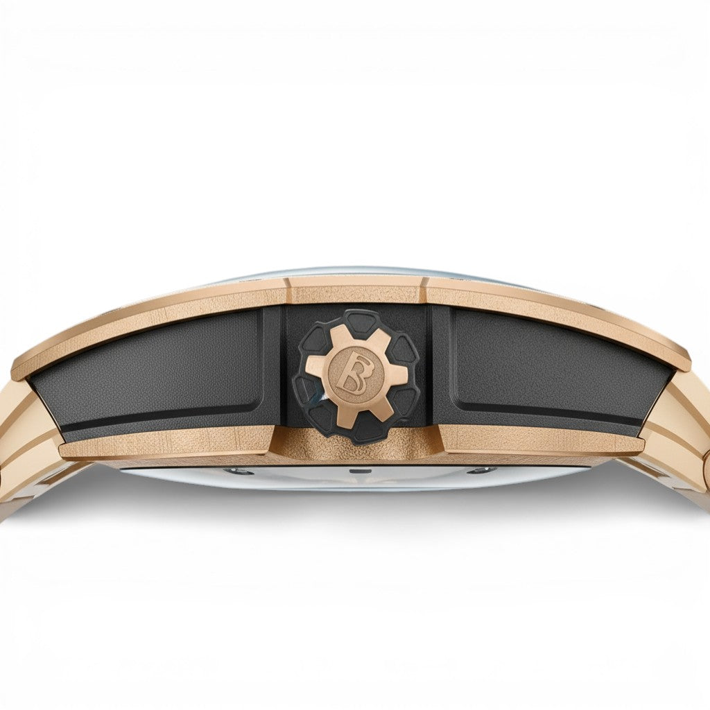 BONEST GATTI BG5002 skeleton automatic watch crown side profile showing engraved logo and brushed steel case detailing