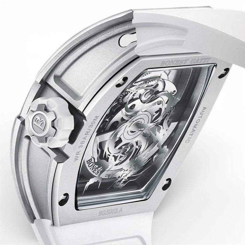 BONEST GATTI BG5002 automatic skeleton watch transparent case back revealing mechanical movement and rotor details