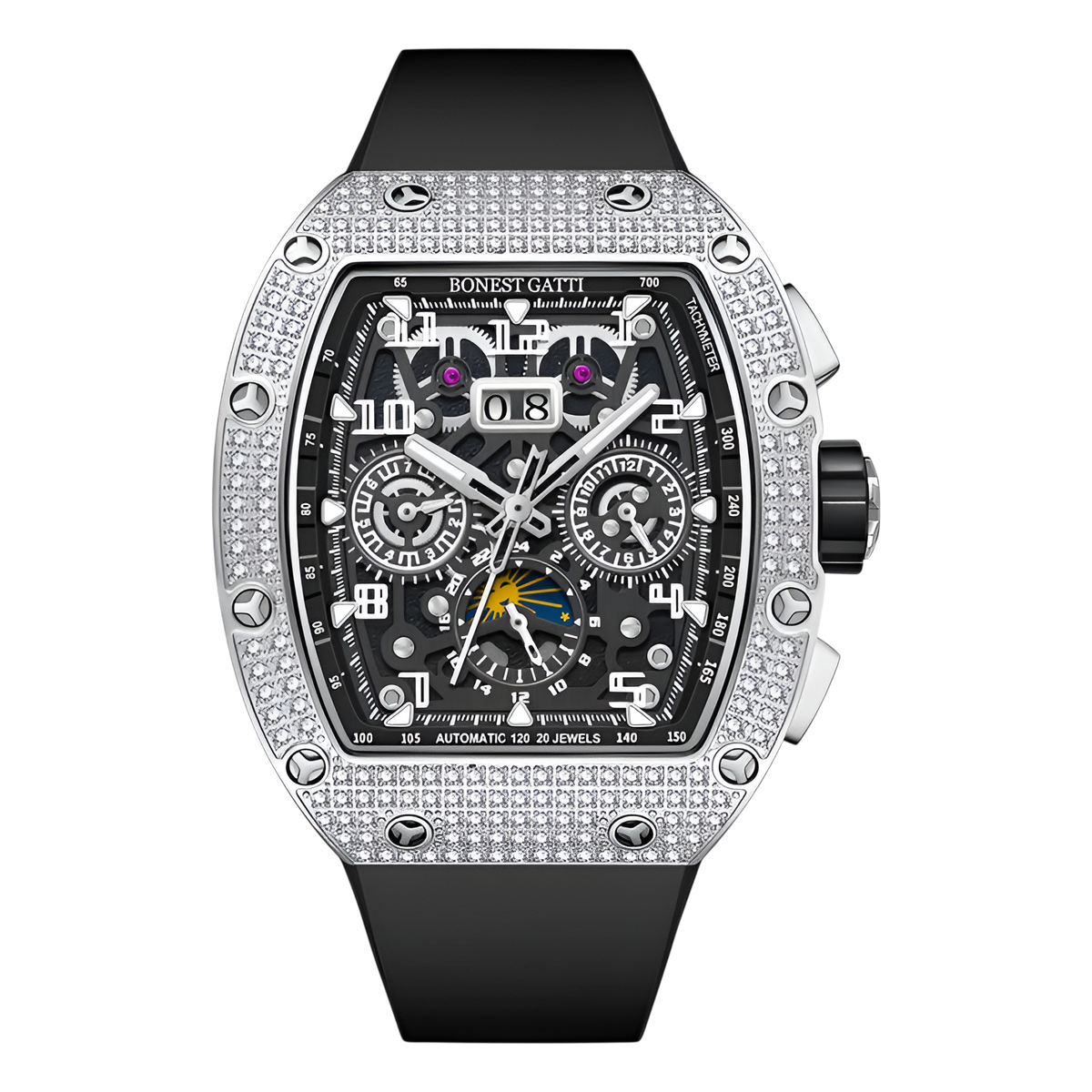 BONEST GATTI BG5004 automatic mechanical watch with diamond bezel and black strap, skeleton dial front view