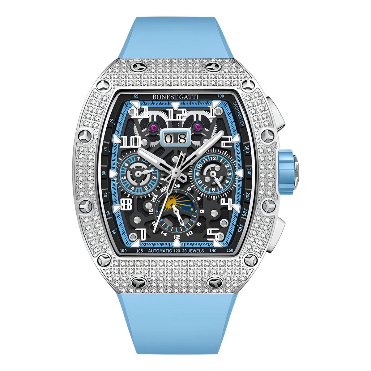 BONEST GATTI BG5004 automatic mechanical watch with diamond bezel and blue strap, skeleton dial front view