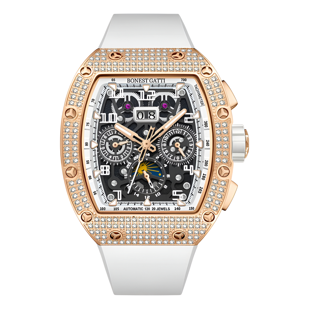 BONEST GATTI BG5004 automatic mechanical watch with rose gold diamond bezel and white strap, skeleton dial front view