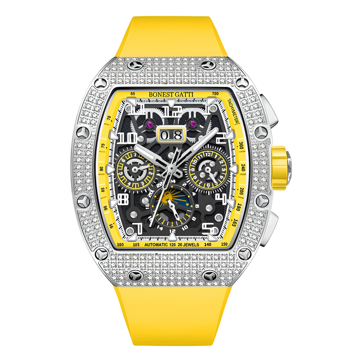 BONEST GATTI BG5004 automatic mechanical watch with diamond bezel and yellow strap, skeleton dial front view