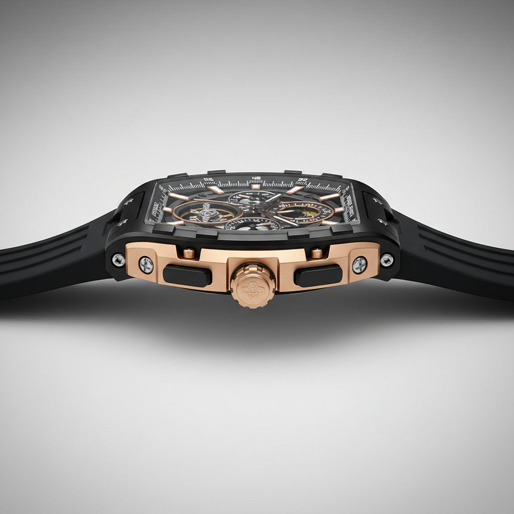 Bonest Gatti BG5005 automatic skeleton watch side profile showing case thickness and sapphire crysta