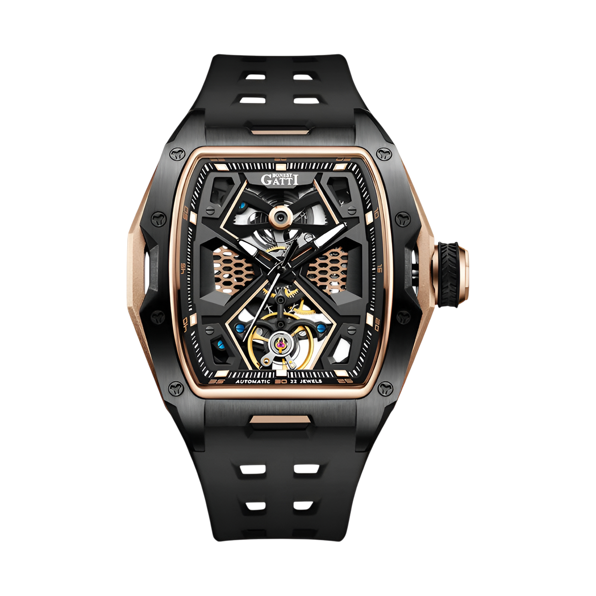 BONEST GATTI BG5501 automatic mechanical watch for men with black strap, rose gold accents, skeleton dial and sapphire glass