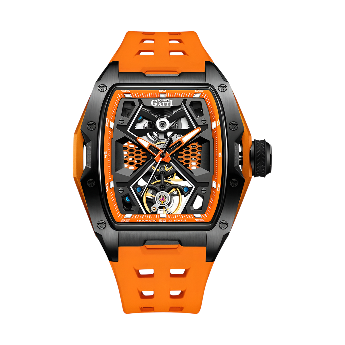 BONEST GATTI BG5501 automatic mechanical watch for men with orange strap, black case, skeleton dial and sapphire crystal front view