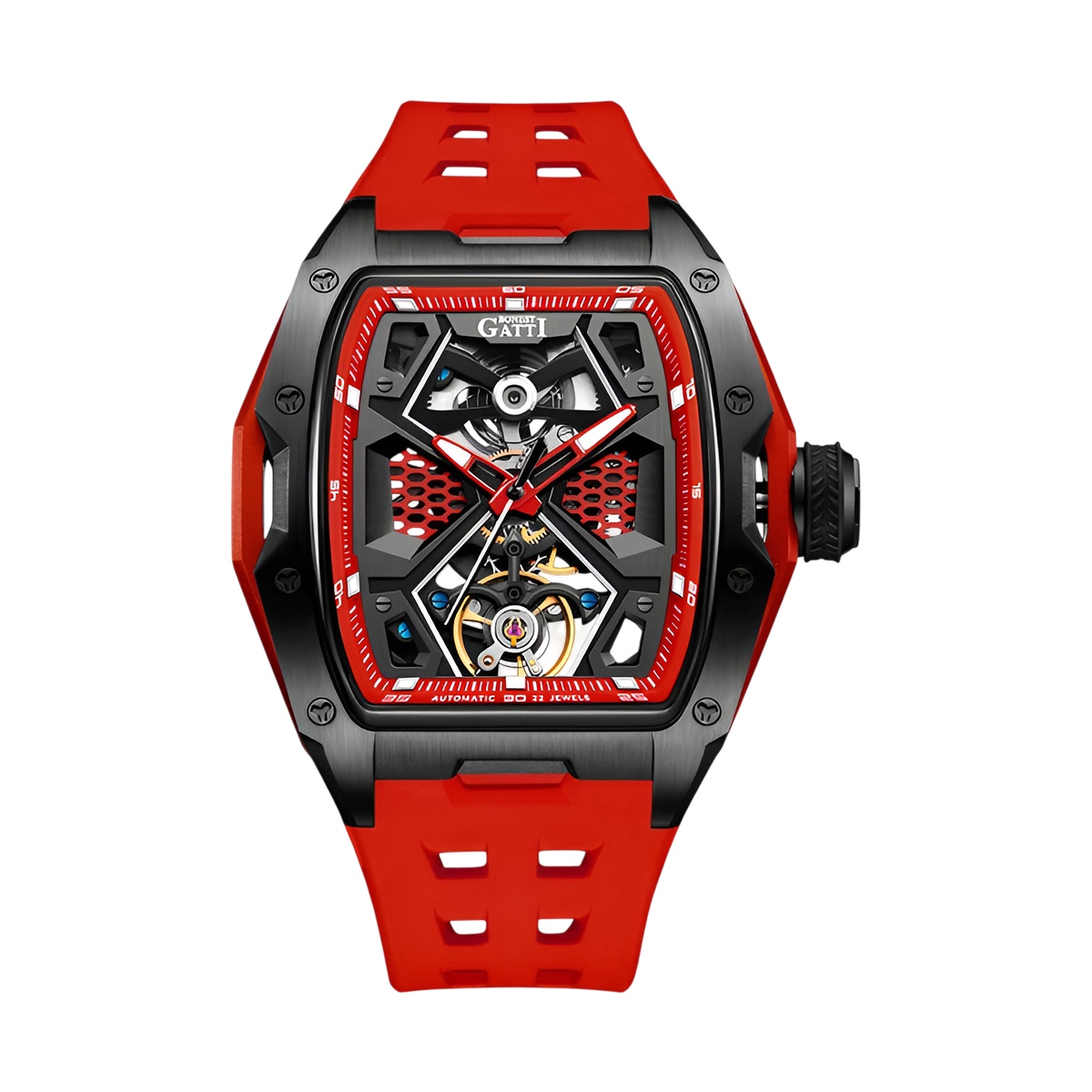 BONEST GATTI BG5501 automatic mechanical watch for men with red strap, black case, exposed mechanical movement and sapphire crystal