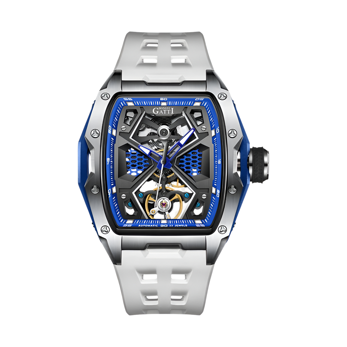 BONEST GATTI BG5501 automatic mechanical watch for men with white strap, blue skeleton dial, visible movement and sapphire crystal