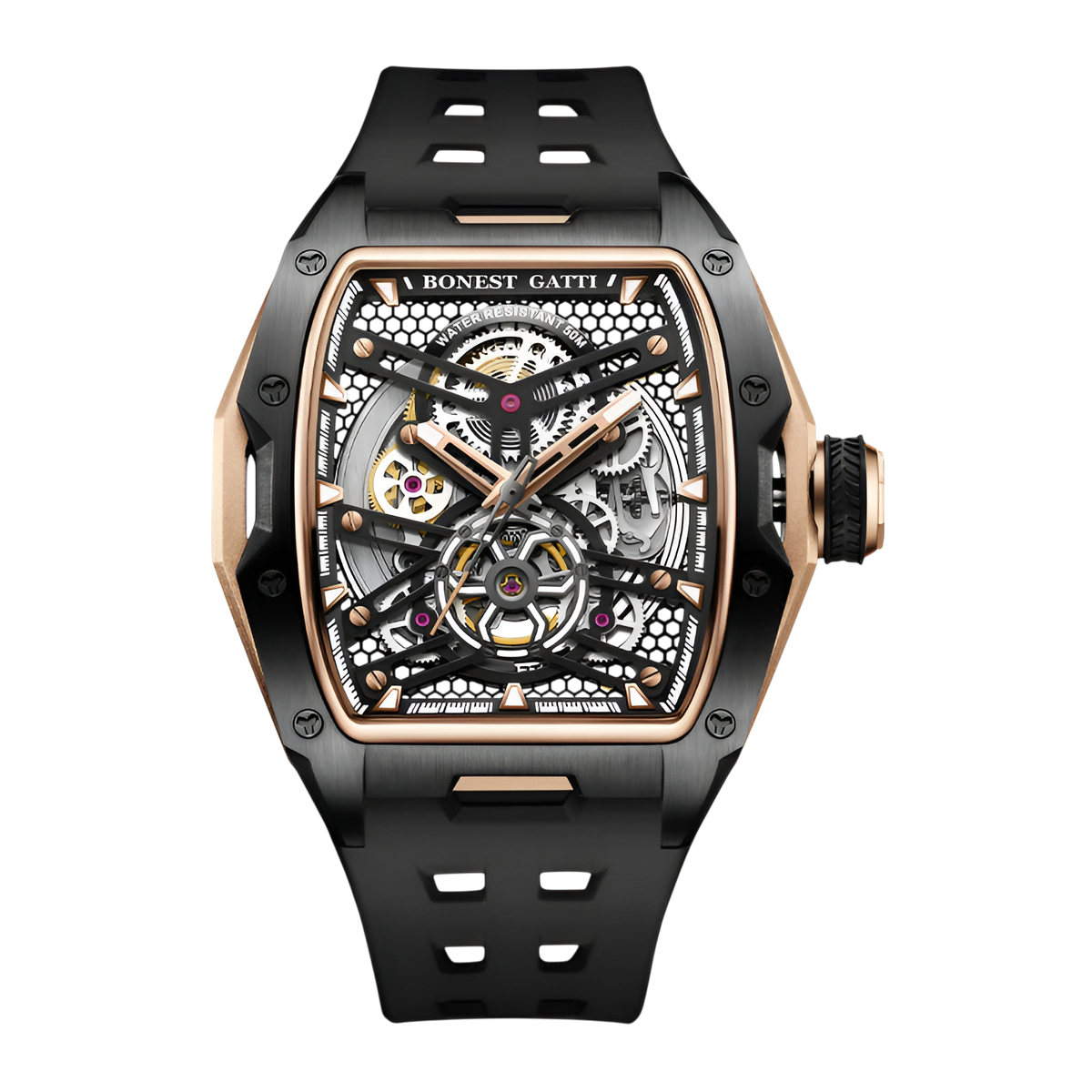 BONEST GATTI BG5502 skeleton mechanical watch for men with black case, rose gold accents and open worked tonneau dial
