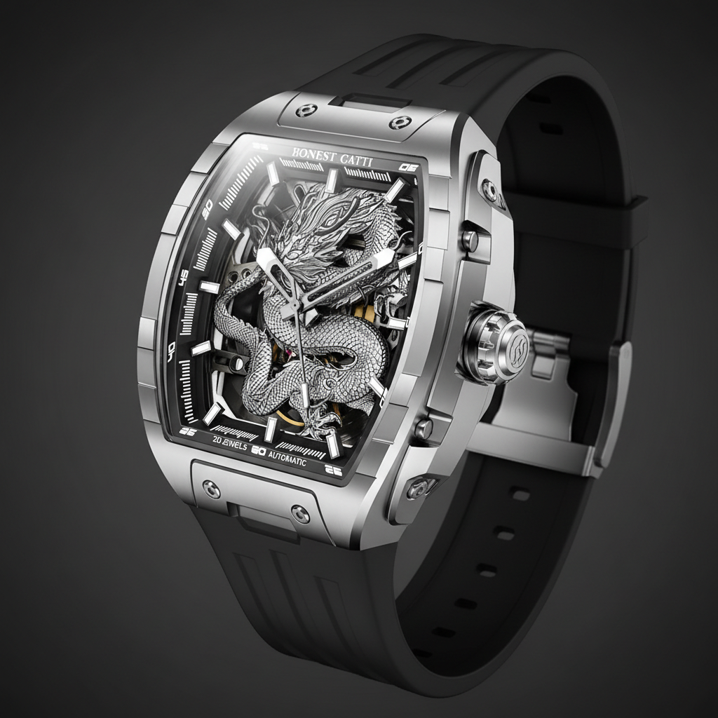 Bonest Gatti BG5605 smooth case dragon skeleton automatic watch angled view