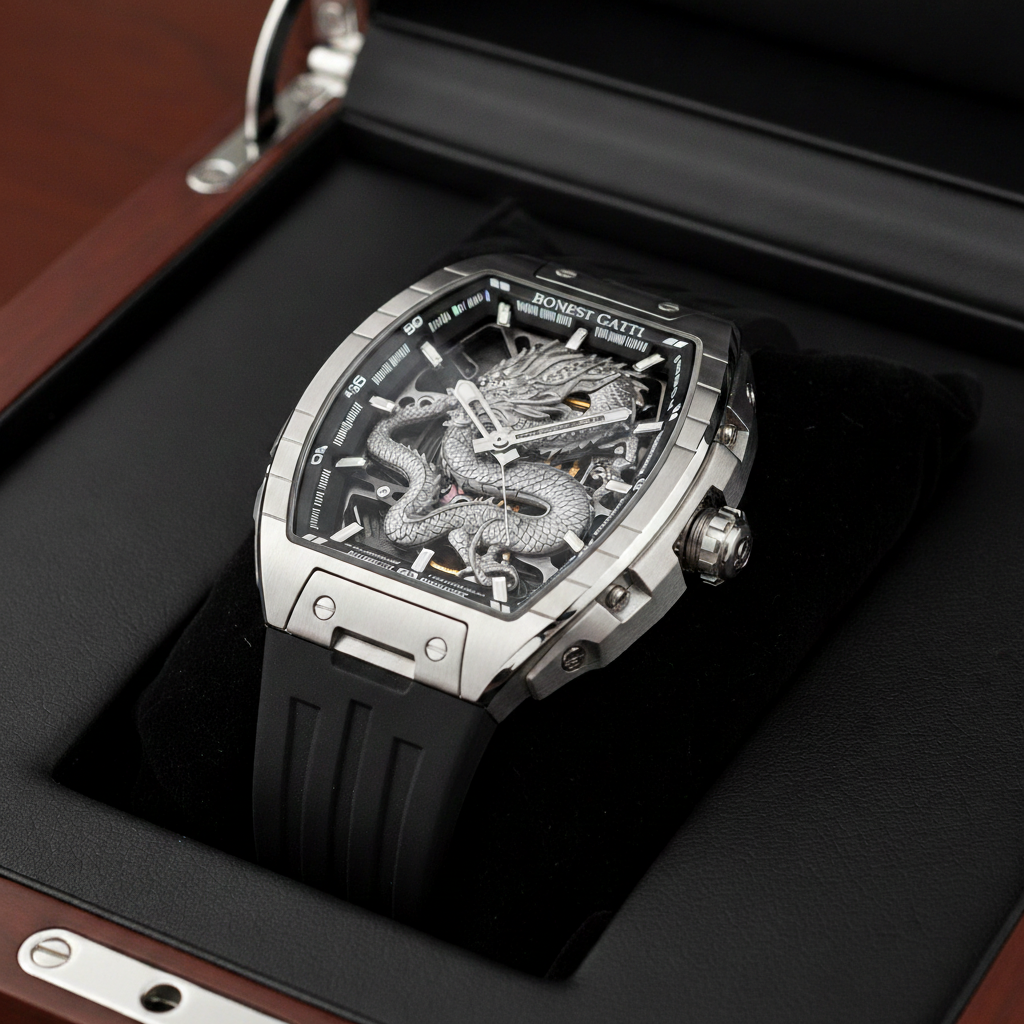 Bonest Gatti BG5605 smooth case dragon skeleton automatic watch in presentation box