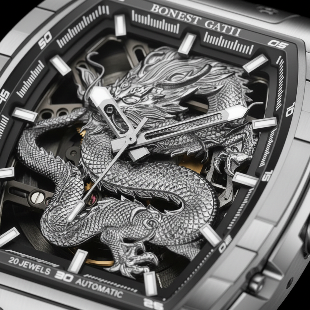 Bonest Gatti BG5605 dragon skeleton dial macro showing detailed dragon engraving