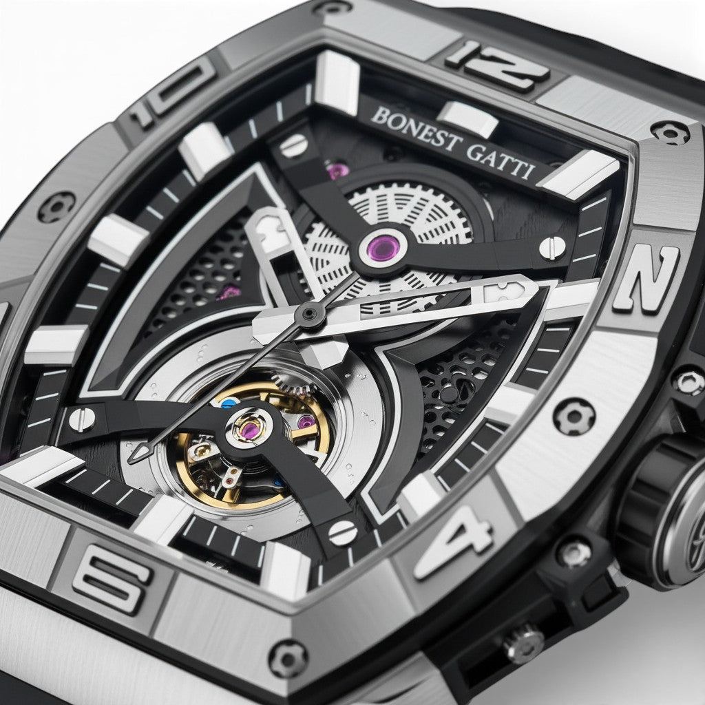 Bonest Gatti BG5701 Phantom Speed skeleton dial close up showing exposed automatic movement details
