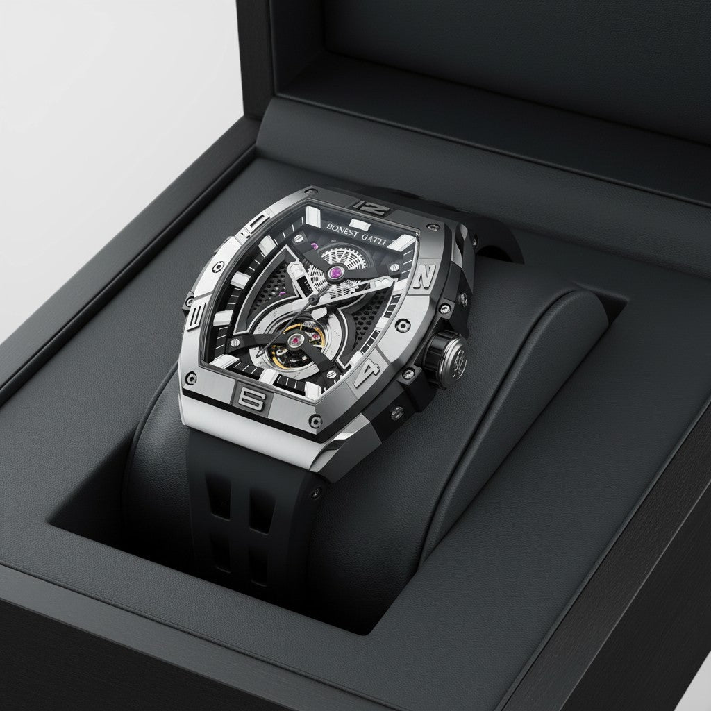 Bonest Gatti BG5701 men’s skeleton automatic watch Phantom Speed displayed in luxury presentation box