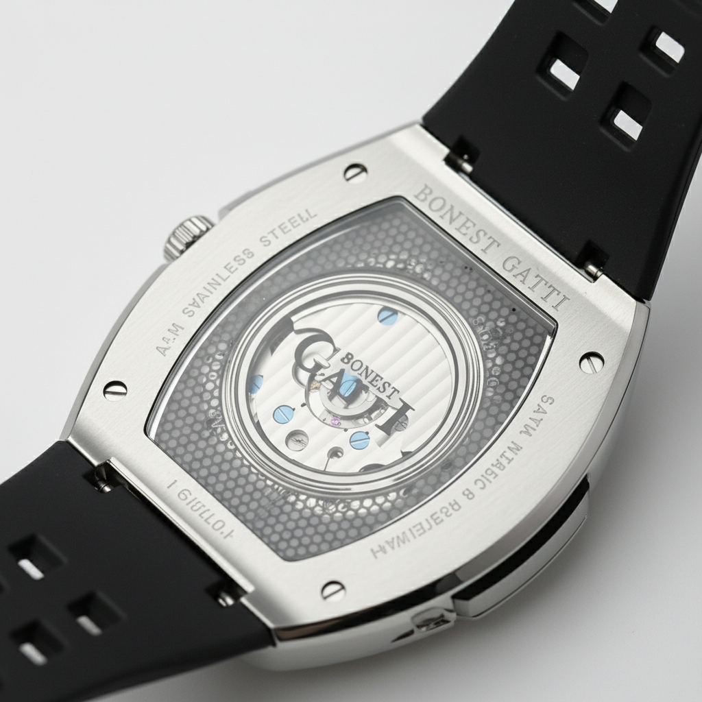 Bonest Gatti BG5701 men’s skeleton automatic watch Phantom Speed caseback showing transparent mechanical movement