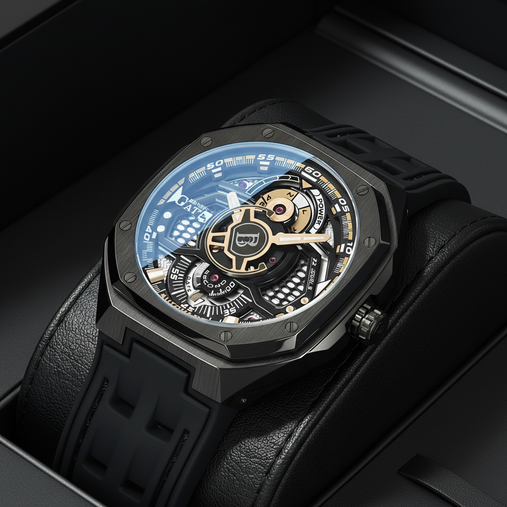 Bonest Gatti BG5803 automatic mechanical watch with black skeleton dial, open-work movement, luxury tonneau case and black strap close-up view