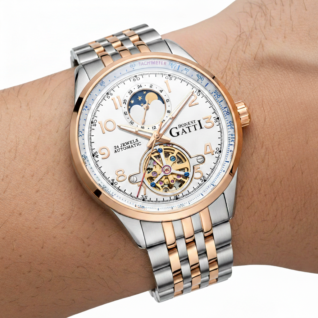 BONEST GATTI BG5808 automatic skeleton watch worn on wrist with stainless steel and rose gold bracelet and open flywheel dial.